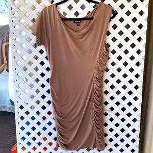 Dark-beige dress. One-sleeve, roushed on one side. Bebe brand. Size Large.